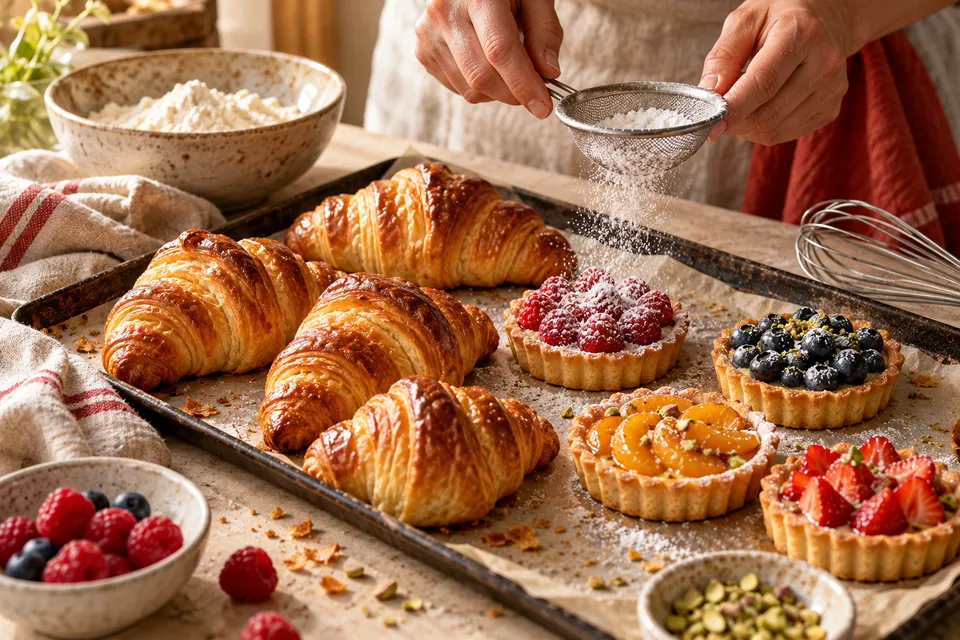 Frisch gebackene Croissants und kleine Fruchttartes auf einer Arbeitsfläche