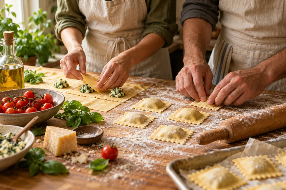 Hände formen frische Ravioli auf einer bemehlten Arbeitsfläche